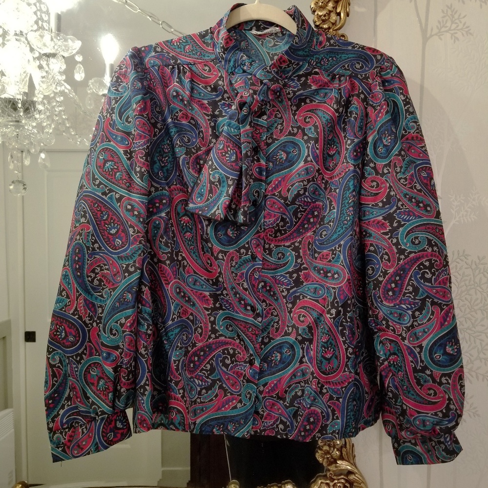 Long Sleeve Paisley Blouse w/Bow Teal Magenta